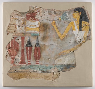  <em>Tomb Painting of a Woman with Offerings</em>, ca. 1539–1425 B.C.E. Limestone, gesso, pigment, 10 1/16 x 11 1/2 x 1/8 in. (25.6 x 29.2 x 0.4 cm). Brooklyn Museum, Charles Edwin Wilbour Fund, 05.390. Creative Commons-BY (Photo: Brooklyn Museum, 05.390_PS22.jpg)
