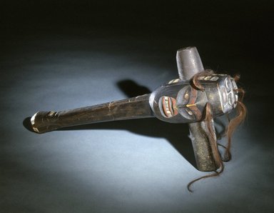 Gwa'sala Kwakwaka'wakw. <em>Slave Killer Club</em>, mid-19th century. Stone, wood, abalone shell, hair, paint, resin, 20 x 11 x 4 1/2 in.  (50.8 x 27.9 x 11.4 cm). Brooklyn Museum, Museum Expedition 1905, Museum Collection Fund, 05.588.7289. Creative Commons-BY (Photo: Brooklyn Museum, 05.588.7289_front_SL1.jpg)