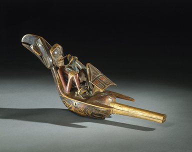 Tsimshian. <em>Raven Rattle</em>, 19th century. Wood, pigment, rattles, cotton twine, 5 1/2 x 14 x 4 in. (14.0 x 35.6 x 10.2 cm). Brooklyn Museum, Museum Expedition 1905, Museum Collection Fund, 05.588.7292. Creative Commons-BY (Photo: Brooklyn Museum, 05.588.7292_SL1.jpg)