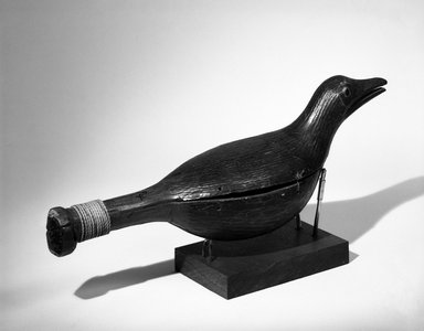 Gwa'sala Kwakwaka'wakw. <em>Gull-shaped Chief's Rattle (Laleu)</em>, 1801-1900. Wood, rope, Length: 12 1/2 in. (31.8 cm). Brooklyn Museum, Museum Expedition 1905, Museum Collection Fund, 05.588.7294. Creative Commons-BY (Photo: Brooklyn Museum, 05.588.7294_bw.jpg)