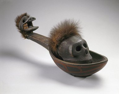 Heiltsuk (Bella Bella). <em>Ladle with Skull</em>, 19th century. Cedar wood, bear fur, cord, pigment, 29 x 8 3/4 x 9 5/16 in. (73.7 x 22.2 x 23.6 cm). Brooklyn Museum, Museum Expedition 1905, Museum Collection Fund, 05.588.7297a-b. Creative Commons-BY (Photo: Brooklyn Museum, 05.588.7297_SL1.jpg)