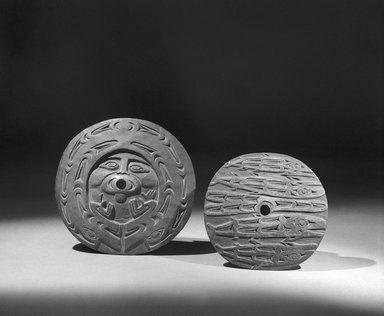 Chemainus, Coast Salish. <em>Spindle Whorl (Sulsultin)</em>, 19th century. Hardwood, pigment traces, 7 1/4 x 7 1/4 x 3/4 in. (18.4 x 18.4 x 1.9 cm). Brooklyn Museum, Museum Expedition 1905, Museum Collection Fund, 05.588.7383. Creative Commons-BY (Photo: , 05.588.7382_05.588.7383_Design_scan_bw.jpg)