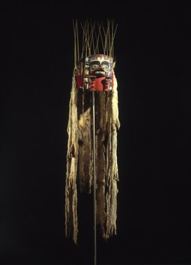 Tsimshian. <em>Headdress Frontlet</em>, 19th century. Wood, abalone shell, ermine skins, sea lion (?) whiskers, flicker feathers, eagle down feathers, cord, felt, pigment, 14 1/4 x 7 1/2 x 9 1/4 in. (36.2 x 19.1 x 23.5 cm). Brooklyn Museum, Museum Expedition 1905, Museum Collection Fund, 05.588.7413. Creative Commons-BY (Photo: Brooklyn Museum, 05.588.7413_SL1.jpg)