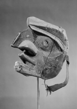 Possibly Gwa'sala Kwakwaka'wakw. <em>Mask</em>, 19th century. Wood, pigment, metal, hide, fiber, 8 7/8 x 5 7/8 x 9 1/16 in. (22.5 x 14.9 x 23 cm). Brooklyn Museum, By exchange, 05.589.7798. Creative Commons-BY (Photo: Brooklyn Museum, 05.589.7798_acetate_bw.jpg)