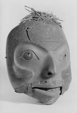 Tlingit. <em>Talking Man Mask for Winter Ceremonial</em>, 1868–1900. Wood, copper, fur, cedar bark, shell, 12 5/8 x 8 1/4 in. (32.1 x 21 cm). Brooklyn Museum, By exchange, 05.589.7803. Creative Commons-BY (Photo: Brooklyn Museum, 05.589.7803_side_acetate_bw.jpg)