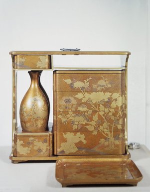  <em>Portable Picnic Set (sagejuu)</em>, second half 18th century. Powdered gold (aventurine) lacquer; hiramaki-e on a nashiji background, 13 11/16 x 8 3/8 x 14 15/16 in. (34.7 x 21.2 x 38 cm). Brooklyn Museum, Gift of Theodore E. Smith, 06.310a-n. Creative Commons-BY (Photo: Brooklyn Museum, 06.310_transp4610.jpg)