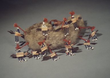 Pomo. <em>Woman's Dance Headdress (I-sa-wa)</em>, 19th century. Fur, red shafted flicker feathers and quills, glass beads, wool yarn, iron wire, cotton and wool cloth, cotton string, 4 3/4 x 12 x 9 1/4 in. (12.1 x 30.5 x 23.5 cm). Brooklyn Museum, Museum Expedition 1906, Museum Collection Fund, 06.331.8076. Creative Commons-BY (Photo: Brooklyn Museum, 06.331.8076.jpg)