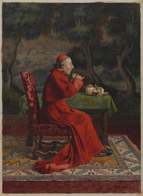 Léo Herrmann (French, 1853-1927). <em>Cardinal Taking Tea</em>, n.d. Gouache, watercolor, and graphite on wove paper, Image: 10 13/16 x 7 7/8 in. (27.5 x 20 cm). Brooklyn Museum, Bequest of Caroline H. Polhemus, 06.72 (Photo: , 06.72_PS9.jpg)
