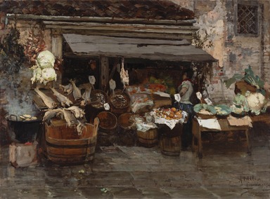Alessandro Milesi (Italian, 1856–1945). <em>Market Scene in Venice</em>, 1894. Oil on canvas, 30 1/2 x 41 in. (77.5 x 104.1 cm). Brooklyn Museum, Museum Collection Fund, 07.268 (Photo: Brooklyn Museum, 07.268_cropped_PS22.jpg)