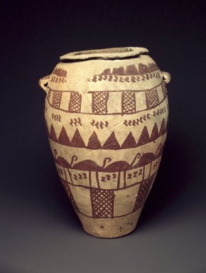  <em>Jar with Two Tubular String-Hole Handles</em>, ca. 3500–3300 B.C.E. Clay, pigment, 8 1/16 x Greatest Diam. 6 in. (20.4 x 15.3 cm). Brooklyn Museum, Charles Edwin Wilbour Fund, 07.447.441. Creative Commons-BY (Photo: Brooklyn Museum, 07.447.441_transp5401.jpg)