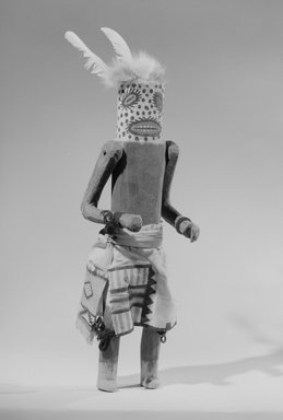 She-we-na (Zuni Pueblo). <em>Kachina Doll (Hamache)</em>, late 19th century. Wood, feather, fur, pigment, cotton, 14 15/16 × 4 3/4 × 5 in. (37.9 × 12.1 × 12.7 cm). Brooklyn Museum, Museum Expedition 1907, Museum Collection Fund, 07.467.8398. Creative Commons-BY (Photo: Brooklyn Museum, 07.467.8398_acetate_bw.jpg)