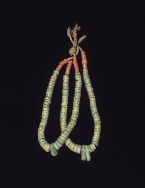 Manta (She–we–na (Zuni Pueblo)). <em>Pair of Earrings</em>, early 20th century. Turquoise, coral, cotton string, 3 1/4 x 3/16 in. (8.3 x 0.5 cm). Brooklyn Museum, Museum Expedition 1907, Museum Collection Fund, 07.467.8454.1a-b. Creative Commons-BY (Photo: Brooklyn Museum, 07.467.8454.1.jpg)