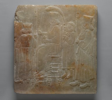  <em>Archaizing Relief of a Seated King and Attendants</em>, late 19th century. Alabaster, carved, 11 3/4 x 10 7/8 in. (29.8 x 27.7 cm). Brooklyn Museum, Charles Edwin Wilbour Fund, 08.480.224. Creative Commons-BY (Photo: Brooklyn Museum, 08.480.224_PS2.jpg)