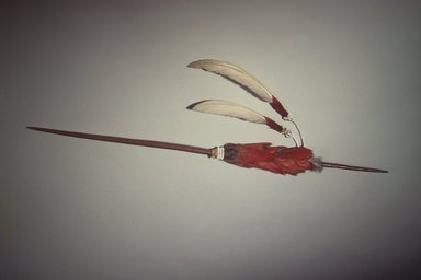 Maidu. <em>Ceremonial Pin (Di-Yo)</em>, late 19th–early 20th century. Manzanita wood, pileated and acorn woodpecker scalp, swan feathers, glass beads, cotton string, 3 x 19 1/4 in. (7.6 x 48.9 cm). Brooklyn Museum, Museum Expedition 1908, Museum Collection Fund, 08.491.8812. Creative Commons-BY (Photo: Brooklyn Museum, 08.491.8812.jpg)