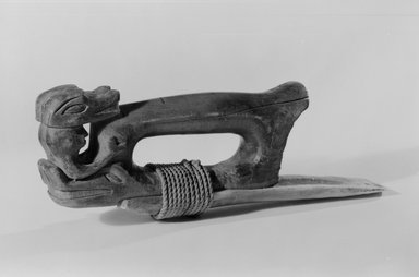 Nuu-chah-nulth, Ehattesaht. <em>Hand Adze with Blade</em>, 19th century. Hardwood, bear bone, twine, pigment, iron, 4 1/4 x 2 1/4 x 11 1/2 in. (10.8 x 5.7 x 29.2 cm). Brooklyn Museum, Museum Expedition 1908, Museum Collection Fund, 08.491.8874. Creative Commons-BY (Photo: Brooklyn Museum, 08.491.8874_acetate_bw.jpg)