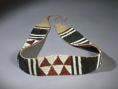 Maidu. <em>Women's Ceremonial Belt (wa-to)</em>, 1855–1870. Bead, mallard duck feather, acorn woodpecker feather, glass, hemp or jute, cotton cordage, 74 1/16 x 4 3/4 in. (188.1 x 12.1 cm). Brooklyn Museum, Museum Expedition 1908, Museum Collection Fund, 08.491.8925. Creative Commons-BY (Photo: Brooklyn Museum, 08.491.8925_SL1.jpg)