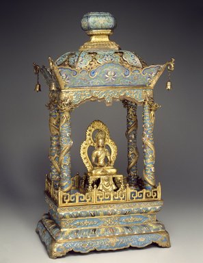  <em>Shrine with an Image of the Buddha Amitayus</em>, 1736–1795. Shrine: Cloisonné enamel on copper alloy; Image: Copper with semiprecious stones, 25 1/4 x 14 3/8 x 10 5/8 in. (64.1 x 36.5 x 27 cm). Brooklyn Museum, Gift of Samuel P. Avery, Jr., 09.520a-b. Creative Commons-BY (Photo: Brooklyn Museum, 09.520a-b_threequarter_SL3.jpg)