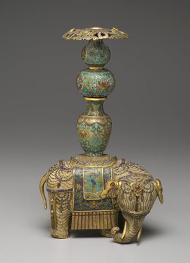  <em>Figure of an Elephant with Two Miniature Vases</em>, 18th century. Cloisonné enamel on copper alloy, 12 x 7 x 4 1/2 in. (30.5 x 17.8 x 11.4 cm). Brooklyn Museum, Gift of Samuel P. Avery, 09.633a-c. Creative Commons-BY (Photo: Brooklyn Museum, 09.633a-c_front_PS2.jpg)