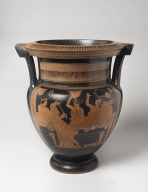 Painter of London E489. <em>Red-Figure Column Krater</em>, 5th century B.C.E., or earlier. Clay, slip, 19 9/16 × greatest diam. 17 5/16 in. (49.7 × 44 cm). Brooklyn Museum, Gift of Robert  B. Woodward, 09.6. Creative Commons-BY (Photo: , 09.6_front_PS11.jpg)