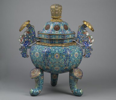  <em>Tripod Censer</em>, late 18th century. Cloisonné and champlevé enamel, 42 × 34 × 27 in., 84 lb. (106.7 × 86.4 × 68.6 cm, 38.1kg). Brooklyn Museum, Gift of Samuel P. Avery, 09.933.1. Creative Commons-BY (Photo: Brooklyn Museum, 09.933.1_PS2.jpg)