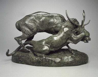 Antoine-Louis Barye (French, 1795-1875). <em>Panther Seizing a Stag (Panthère saisissant un cerf)</em>, modeled 1836, cast date unknown. Bronze, 13 1/2 x 21 x 10 3/4 in. (34.3 x 53.3 x 27.3 cm). Brooklyn Museum, Purchased by Special Subscription, 10.108. Creative Commons-BY (Photo: Brooklyn Museum, 10.108_edited.jpg)