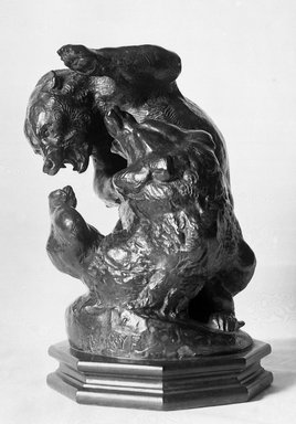 Antoine-Louis Barye (French, 1795-1875). <em>Group of Bears, or Two Bears Wrestling (Groupe d'ours, ou Deux ours se battant)</em>, modeled 1833; cast date unknown. Bronze, 8 1/2 x 6 x 6 in. (21.6 x 15.2 x 15.2 cm). Brooklyn Museum, Purchased by Special Subscription, 10.111. Creative Commons-BY (Photo: Brooklyn Museum, 10.111_glass_bw.jpg)