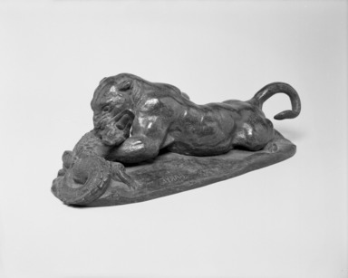 Antoine-Louis Barye (French, 1795–1875). <em>A Jaguar Devouring a Crocodile</em>. Bronze, 3 1/4 x 9 3/4 x 3 5/8 in. (8.3 x 24.8 x 9.2 cm). Brooklyn Museum, Purchased by Special Subscription, 10.112. Creative Commons-BY (Photo: Brooklyn Museum, 10.112_bw.jpg)