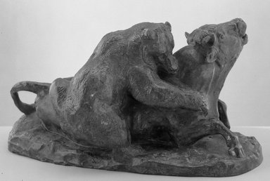 Antoine-Louis Barye (French, 1795-1875). <em>Bull Attacked by a Bear (Taureau terrassé par un ours)</em>. Bronze, 6 x 7 x 11 in. (15.2 x 17.8 x 27.9 cm). Brooklyn Museum, Purchased by Special Subscription, 10.164. Creative Commons-BY (Photo: Brooklyn Museum, 10.164_acetate_bw.jpg)