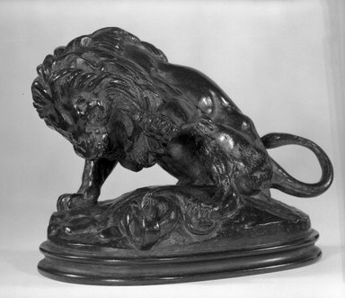Antoine-Louis Barye (French, 1795-1875). <em>Lion and Snake, No. 3, Sketch (Lion au serpent no 3, esquisse)</em>. Bronze, With base: 5 1/2 x 4 1/2 x 7 in. (14 x 11.4 x 17.8 cm). Brooklyn Museum, Purchased by Special Subscription, 10.176. Creative Commons-BY (Photo: Brooklyn Museum, 10.176_bw.jpg)