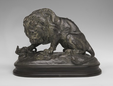 Antoine-Louis Barye (French, 1795-1875). <em>Lion Crushing a Snake</em>. Bronze, With base: 10 1/2 x 8 x 13 1/2 in. (26.7 x 20.3 x 34.3 cm). Brooklyn Museum, Purchased by Special Subscription, 10.178. Creative Commons-BY (Photo: Brooklyn Museum, 10.178_front_PS2.jpg)