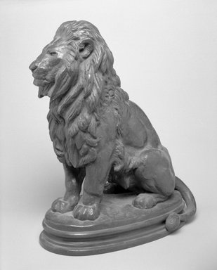 Antoine-Louis Barye (French, 1795-1875). <em>A Seated Lion</em>. Bronze, With base: 14 1/4 x 7 1/2 x 12 in. (36.2 x 19.1 x 30.5 cm). Brooklyn Museum, Purchased by Special Subscription, 10.180. Creative Commons-BY (Photo: Brooklyn Museum, 10.180_bw.jpg)