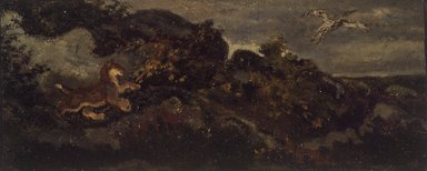 Antoine-Louis Barye (French, 1795-1875). <em>Panther Chasing a Stork</em>, n.d. Oil on paper mounted on masonite, 4 3/8 × 10 5/8 in. (11.1 × 27 cm). Brooklyn Museum, Purchased by Special Subscription, 10.95 (Photo: Brooklyn Museum, 10.95.jpg)