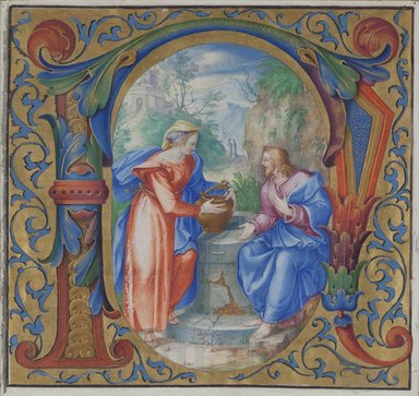  <em>Two Manuscript Illuminations with Initials Mounted in One Frame: (N) Christ and the Woman of Samaria at the Well and  (L) The Return of the Prodigal Son</em>, 16th century. Vellum, 14 1/2 x 21 in. (36.8 x 53.3 cm). Brooklyn Museum, Gift of A. Augustus Healy, 11.498 (Photo: Brooklyn Museum, 11.498_detail1_PS2.jpg)