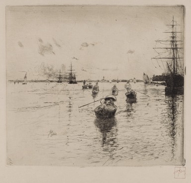 Robert Frederick Blum (American, 1857–1903). <em>Laguna with Steamers and Gondolas</em>, 1885. Etching in black ink on cream, medium thick, slightly textured wove Japan paper, sheet: 10 5/16 x 15 3/8 in. (26.2 x 39.1 cm). Brooklyn Museum, Gift of the Cincinnati Museum Association, 11.579 (Photo: Brooklyn Museum, 11.579_cropped_PS22.jpg)