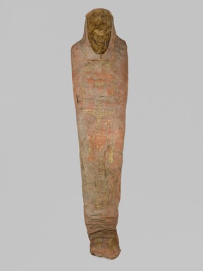  <em>Mummy and Portrait of Demetrios</em>, 95-100 C.E. Painted cloth, gold, human remains, wood, encaustic, gold leaf, 13 3/8 x 15 3/8 x 74 13/16 in., 130 lb. (34 x 39 x 190 cm, 58.97kg). Brooklyn Museum, Charles Edwin Wilbour Fund, 11.600. Creative Commons-BY (Photo: Brooklyn Museum, 11.600a_PS1.jpg)