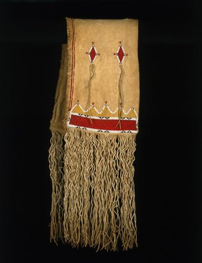Osage/Southern Cheyenne. <em>Saddle Bag</em>, late 19th-early 20th century. Buffalo hide, wool cloth, beads, dye, 41 x 11 13/16 in. (104.1 x 30 cm). Brooklyn Museum, Museum Expedition 1911, Museum Collection Fund, 11.694.9009. Creative Commons-BY (Photo: Brooklyn Museum, 11.694.9009_SL1.jpg)