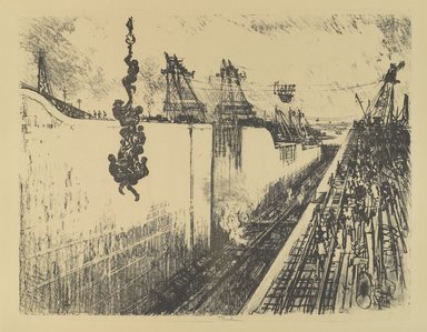Joseph Pennell (American, 1860-1926). <em>Dinner Time, Gatun Lock</em>, 1912. Lithograph, composition: 17 1/8 x 21 5/8 in. (43.5 x 55 cm). Brooklyn Museum, Gift of William A. Putnam, 12.109 (Photo: Brooklyn Museum, 12.109_PS4.jpg)