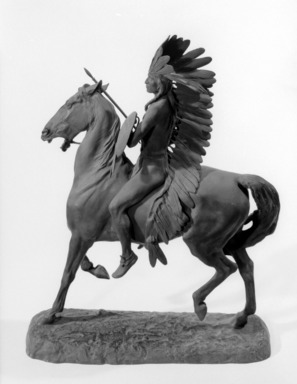 Alexander Phimister Proctor (American, 1862–1950). <em>Indian Warrior</em>, 1898. Bronze, 19 1/4 x 14 3/4 x 4 1/2 in., 26.6 lb. (48.9 x 37.5 x 11.4 cm, 12.07kg). Brooklyn Museum, Gift of George D. Pratt, 12.898. Creative Commons-BY (Photo: Brooklyn Museum, 12.898_bw.jpg)