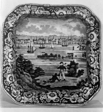 Andrew Stevenson (1808-1829). <em>Roast Dish (New York from Heights Brooklyn)</em>, ca. 1825. Earthenware, 9 5/8 in. (24.4 cm). Brooklyn Museum, Gift of Mrs. George D. Pratt, 12.900.3. Creative Commons-BY (Photo: Brooklyn Museum, 12.900.3_glass_bw.jpg)