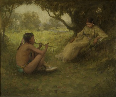 Eanger Irving Couse (American, 1866-1936). <em>Lovers (Indian Love Song)</em>, 1905. Oil on canvas, 24 1/8 x 29 1/16 in. (61.3 x 73.8 cm). Brooklyn Museum, Gift of George A. Hearn, 12.91 (Photo: Brooklyn Museum, 12.91.jpg)