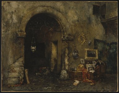 William Merritt Chase (American, 1849-1916). <em>The Antiquary Shop</em>, 1879. Oil on canvas, 26 1/2 x 33 15/16 in. (67.3 x 86.2 cm). Brooklyn Museum, Gift of Mrs. Carll H. de Silver in memory of her husband, 13.53 (Photo: Brooklyn Museum, 13.53_SL1.jpg)