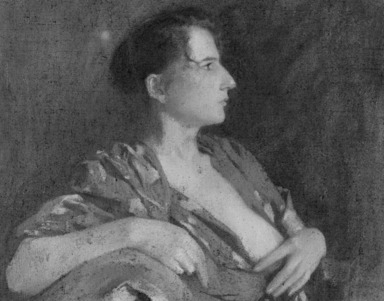 Samuel Isham (American, 1855-1914). <em>The Lilac Kimono</em>, ca. 1895-1900. Oil on canvas, 23 11/16 x 37 x 28 7/8 in. (60.2 x 94 x 73.4 cm). Brooklyn Museum, Gift of the Estate of Samuel Isham, 14.572 (Photo: Brooklyn Museum, 14.572_acetate_bw.jpg)