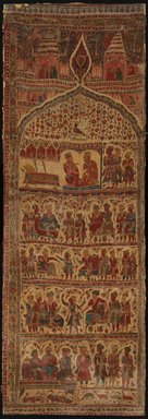  <em>Hanging, 1 of 7 Pieces</em>, 1610-1640. Cotton, drawn and painted resist and mordants, dyed, 109 1/4 x 38 1/2 in. (277.5 x 97.8 cm). Brooklyn Museum, Museum Expedition 1913-1914, Museum Collection Fund, 14.719.1. Creative Commons-BY (Photo: Brooklyn Museum, 14.719.1_SL1.jpg)