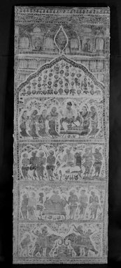  <em>Hanging, 1 of 7 Pieces</em>, 1610-1640. Cotton, drawn and painted resist and mordants, dyed, Other: 109 1/4 x 38 1/4 in. (277.5 x 97.2 cm). Brooklyn Museum, Museum Expedition 1913-1914, Museum Collection Fund, 14.719.7. Creative Commons-BY (Photo: Brooklyn Museum, 14.719.7_bw.jpg)