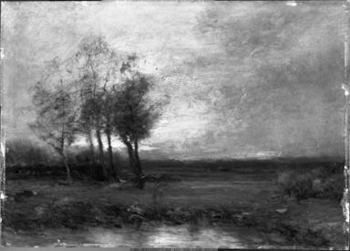 John Francis Murphy (American, 1853-1921). <em>Landscape</em>, 1895. Oil on pressed fiberboard, 9 13/16 x 13 13/16 in. (24.9 x 35.1 cm). Brooklyn Museum, Bequest of Charles A. Schieren, 15.287 (Photo: Brooklyn Museum, 15.287_acetate_bw.jpg)