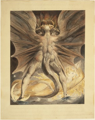 William Blake (British, 1757-1827). <em>The Great Red Dragon and the Woman Clothed with the Sun (Rev. 12: 1-4)</em>, ca. 1803-1805. Black ink and watercolor over traces of graphite and incised lines on wove paper, Image: 17 3/16 x 13 11/16 in. (43.7 x 34.8 cm). Brooklyn Museum, Gift of William Augustus White, 15.368 (Photo: Brooklyn Museum, 15.368_SL1.jpg)