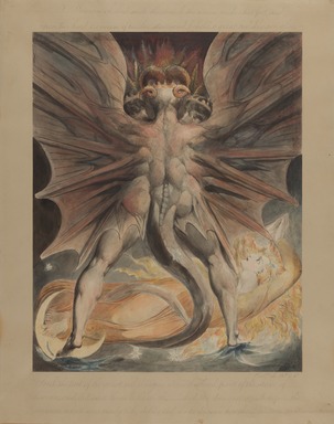 William Blake (British, 1757–1827). <em>The Great Red Dragon and the Woman Clothed with the Sun (Rev. 12: 1-4)</em>, ca. 1803–1805. Black ink and watercolor over traces of graphite and incised lines on wove paper, Image: 17 3/16 x 13 11/16 in. (43.7 x 34.8 cm). Brooklyn Museum, Gift of William Augustus White, 15.368 (Photo: Brooklyn Museum, 15.368_cropped_PS22.jpg)