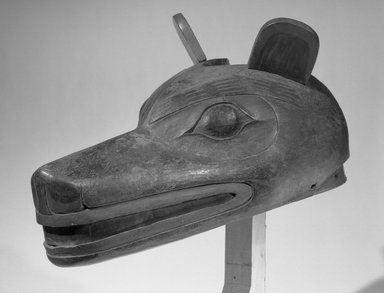 Tsimshian, Gitksan. <em>Wolf Mask used in Wolf Dance (Walas'axa)</em>, 19th century. Wood, copper, pigment, 8 3/4 × 8 1/4 × 15 3/4 in. (22.2 × 21 × 40 cm). Brooklyn Museum, Gift of Herman Stutzer, Esq., 15.513.2. Creative Commons-BY (Photo: Brooklyn Museum, 15.513.2_acetate_bw.jpg)