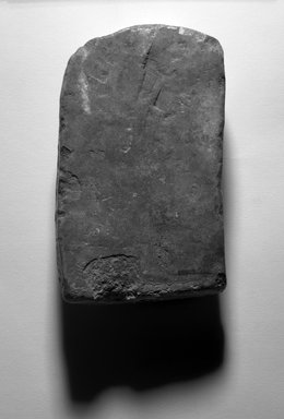  <em>Stela of Bes as a Warrior</em>, 200 B.C.E.-200 C.E. Limestone, pigment, 6 1/8 × 3 3/4 × 1/2 in. (15.6 × 9.5 × 1.3 cm). Brooklyn Museum, Gift of Evangeline Wilbour Blashfield, Theodora Wilbour, and Victor Wilbour honoring the wishes of their mother, Charlotte Beebe Wilbour, as a memorial to their father, Charles Edwin Wilbour, 16.142. Creative Commons-BY (Photo: Brooklyn Museum, 16.142_back_bw_IMLS.jpg)