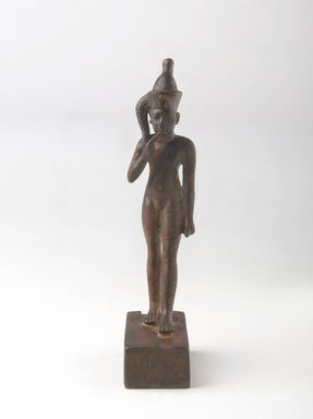  <em>Statuette of the Child Horus</em>, ca. 305-200 B.C.E. Bronze, 5 1/16 x 1 x 2 1/4 in. (12.9 x 2.6 x 5.7 cm). Brooklyn Museum, Gift of Evangeline Wilbour Blashfield, Theodora Wilbour, and Victor Wilbour honoring the wishes of their mother, Charlotte Beebe Wilbour, as a memorial to their father, Charles Edwin Wilbour, 16.319. Creative Commons-BY (Photo: Brooklyn Museum, 16.319_front_PS9.jpg)